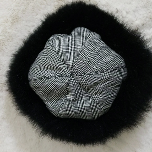 Echos de Paris|  Faux Fur Trimmed Black and White Plaid Winter Cap - Picture 3 of 10